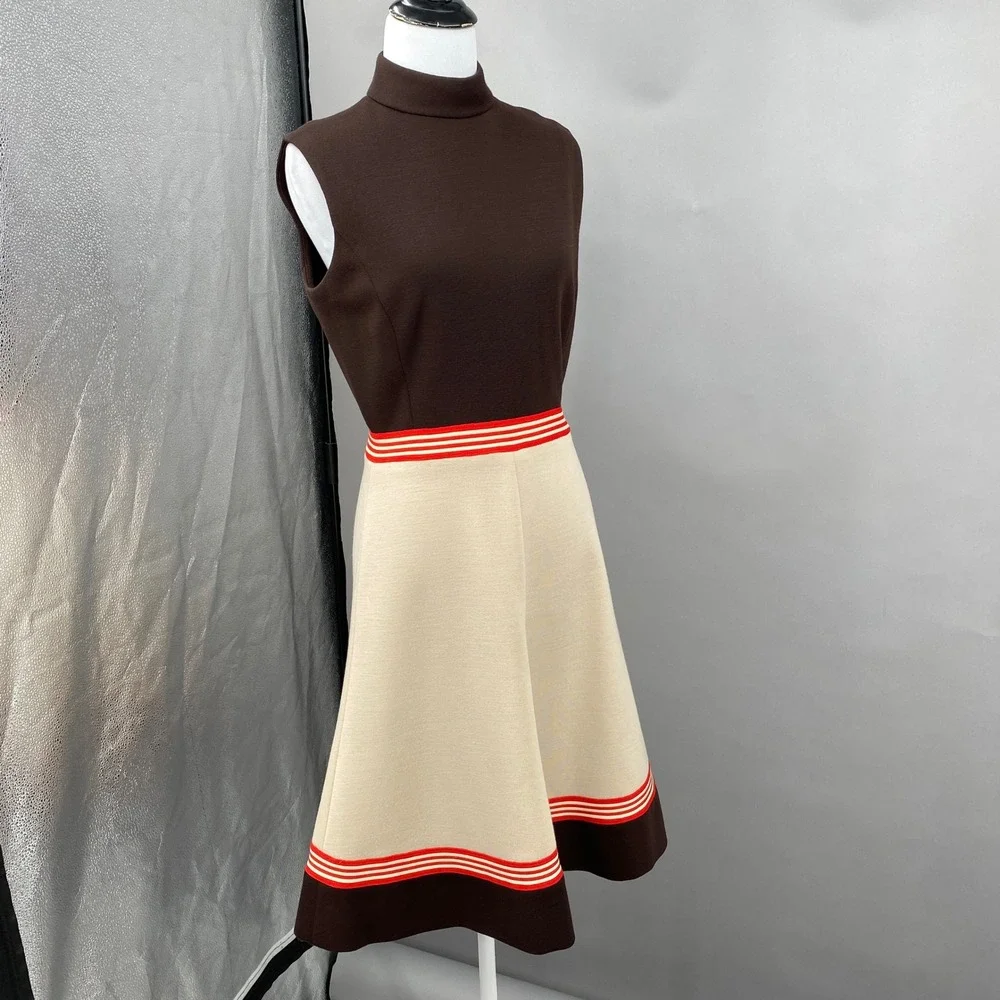 Vintage 70s Knit Dress Jacket Set Cream Chocolate Brown Mod A-Line Midi S/M